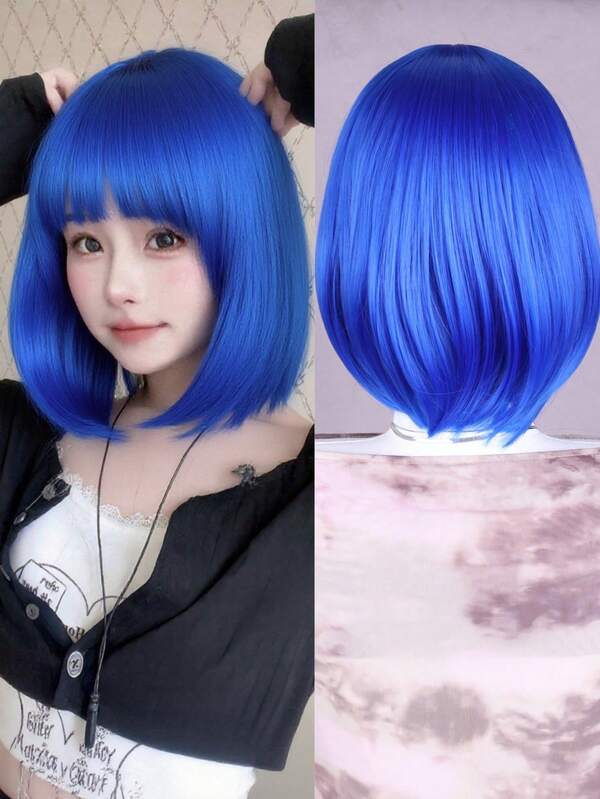 باروكة شعر أزرق مستقيم قصير بطول الكتف 12 بوصة مع غرة، مناسبة للتنكر