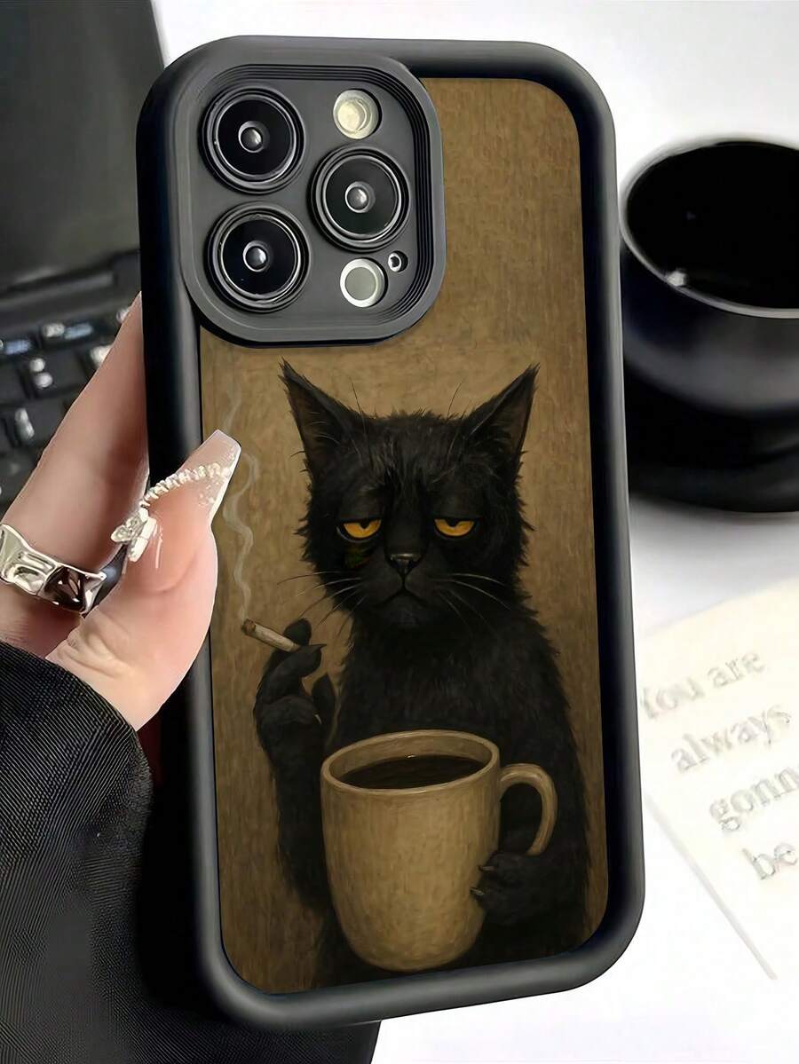 1 件忧郁猫咪插画印花黑色 TPU 磨砂防滑表面手机壳，适用于 11/12/13/14/15/16 Pro Max 和 - 彩色 - 查看 1