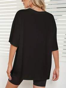 Women's Casual Off-Shoulder T-Shirt With Print - Black - View 2