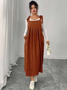 Plus Size Solid Color Thick Strap Knotted Pocket Sleeveless Summer Dress