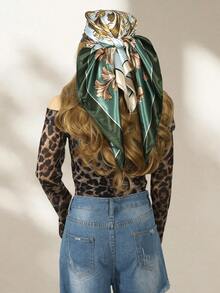 1 Khăn vuông satin họa tiết Baroque màu xanh lá cây dành cho nữ, Khăn trùm đầu thời trang ngoài trời, Khăn bandana thích hợp mặc mùa xuân/hè - Baroque xanh - Xem 2