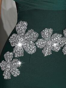 新款针织绷带露肩连衣裙，手工串珠，性感修身开衩下摆，适合家庭聚会、派对、宴会、鸡尾酒会 - 墨綠色 - 查看 9