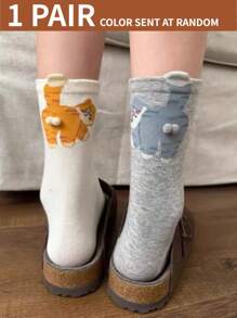 1双/3双随机可爱猫咪、鸡蛋、铃铛图案趣味中筒袜，适合夏秋季穿着 - 彩色 - 查看 12