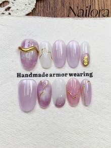10片手工椭圆形美甲片，人造按压式美甲，适合短款和中款指甲，简约紫色、白色晕染渐变美甲，闪亮猫眼，闪粉金箔，手绘金属不对称线条，简约优雅奢华秋季美甲，极简美学秋季按压式美甲，多功能美甲DIY假指甲，适合派对、日常、约会、工作场合，可重复使用，送给女性和女孩的礼物，美甲用品 - 紫色 - 查看 8