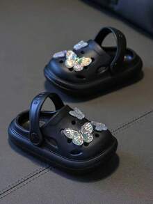 HAHABOBO 1 Pair Kids Cute Black EVA Clogs, Adjustable Heel Strap Anti-Slip Sandals, With 3D Shiny Butterfly Decoration, Breathable Summer Beach Pool Shoes, Girls Style - Black - View 2