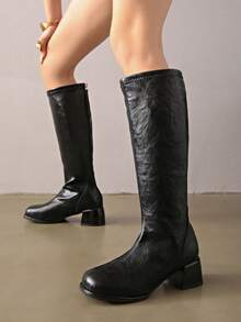 2025年春夏季新款女士过膝靴，粗跟，及膝，后拉链 - 黑色 - 查看 4