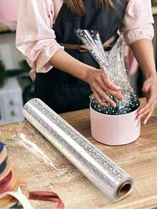 1卷3密耳厚透明玻璃纸包装纸，34英寸 x 148英尺 - 防水耐用，白色波点图案 | 非常适合礼品篮、花束等 | 包含礼品包装丝带蝴蝶结、圣诞玻璃纸包装纸 - 彩色 - 查看 3