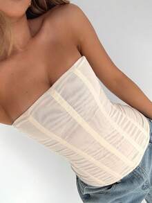 Women's Vintage Strapless Corset Tops Zip Back Boned Mesh Bustier Bodyshaper Tube Top - Màu be - Xem 2