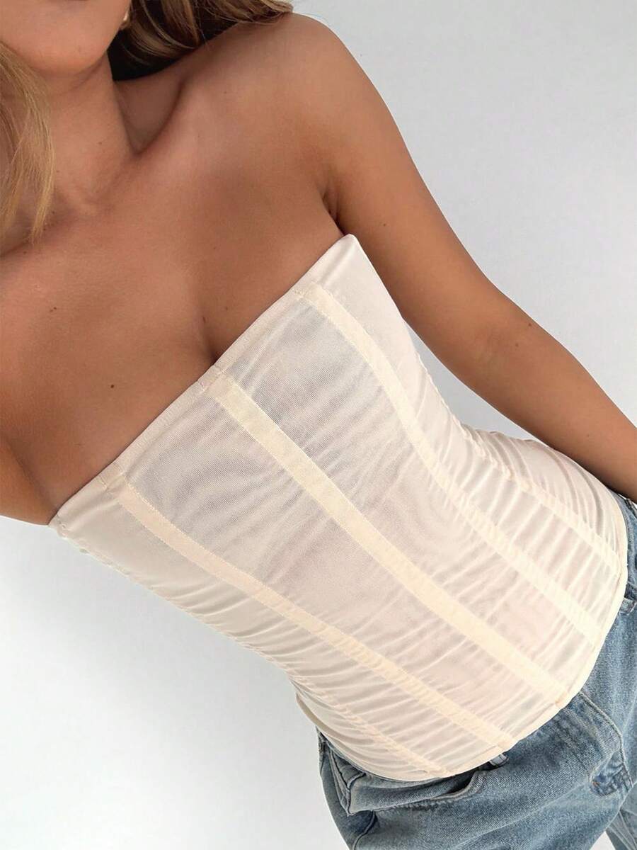 Women's Vintage Strapless Corset Tops Zip Back Boned Mesh Bustier Bodyshaper Tube Top - Beige - View 1