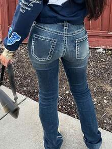 Retro Fitted Mid-Waist Washed Skinny Jeans, Casual, Fashionable, Minimalist, Versatile Women's Denim Pants - Dark Wash - View 4