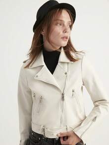 Casual Zipper Pocket Belt Leather Jacket, Solid Color, All Seasons - White - View 3