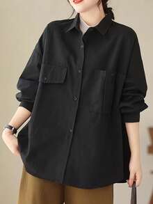 Women's Solid Color Front Button Pocket Shirt, Office, Casual, Daily Wear - Black - View 2