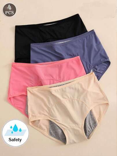 4pcs/Set Women Plus Size Leak-Proof Breathable Solid Color Period Underwear