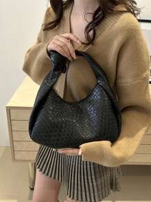 1 chiếc túi đeo vai hình lưỡi liềm dệt thắt nút màu trơn dành cho nữ, đa năng và thời trang - màu đen - Xem 5