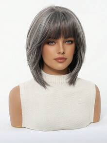 Elegant Mixed Gray Bob Wig With Bangs For Mature Women Natural Synthetic Wig For Gray Use Every Day Wear - Xám - Xem 5