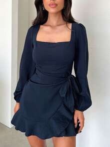 Vestido de manga larga con dobladillo de volantes/dobladillo anudado de tela tejida bohemia de unicolor y elegante, adecuado para citas de noche, primavera y otoño - Azul - Ver 3