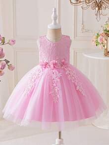 2pcs Girls Autumn Outfit: Pink Lace Patchwork Tulle Princess Dress & Jacket Set, Handmade 3D Floral Mesh Tulle Dress For Girls, Suitable For Birthday Party, Wedding, Piano Recital, Special Occasions - Pink - View 5