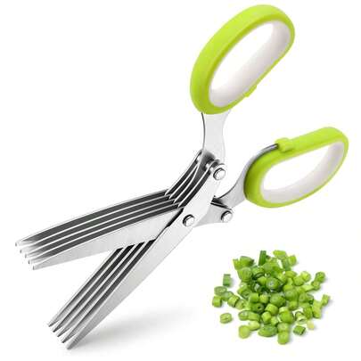 Herb Scissors With 5 Blades – Stainless Steel Herb Cutter For Fast & Precise Cutting, Compact, Easy-To-Store Design – Ergonomic Handle & Cleaning Brush For Quick And Comfortable Kitchen Prep