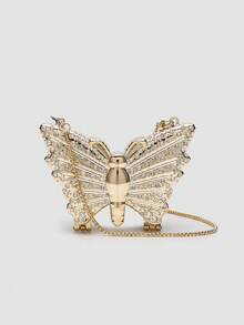 1pc Mini Metallic Gold/Silver Glitter Rhinestone Butterfly Clutch Bag, Multifunctional Decorative Women's Personalized Fashion Makeup Bag, Jewelry/Earphone Storage, Gift For Women, Suitable For Valentine's Day, Party, Wedding, Date, Can Be Used As Shoulder Bag/Crossbody Bag, Elegant Women Coin Purse , Gold Bag - Gold - View 5