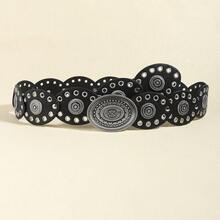 1 Piece Women's Belt Metal Snap Decoration Dress Fashion Retro Wasteland Style Waist Seal Eyelet Oval Piece Carving - 古銀豹紋 - 查看 5