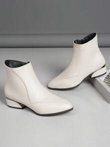 1 Pair Teens/Women's Beige Pointed Toe Ankle Boots, Chunky Heel, Side Zipper, Minimalist & Comfortable, Versatile Fashion Boots For Students & Party