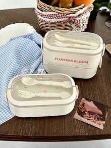 1 Set Student Bento Box With Fork And Spoon, Floral Pattern Lunch Box, Food Container Bento Box, Insulated Adult Lunch Box For Office Workers, Divided Kitchen Food Storage Box With Lid, Lunch Box, School Lunch Box - Multicolor - View 6