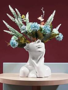 Weiße keramische facettierte Vase, Vase mit Frauenkopf bis zur Brust, bohemischer Feminismus, minimalistischer Dekor, moderner nordischer Stil, Blumenvase, geeignet für Zuhause, Wohnzimmer, Büro, Bücherregal, Heimdekoration, Raumdekoration, Blumenvase, Glasvase
