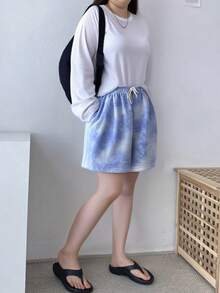 Tie-dye pantalones cortos deportivos casuales femeninos verano suelta versión coreana de la chica picante de cintura alta delgada A-line pantalones de pierna ancha - Azul - Ver 3