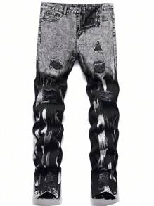 Men's Fashionable Casual Outdoor Jeans, Black, Suitable For Autumn/Winter Seasons (Random Snowflake Wash)