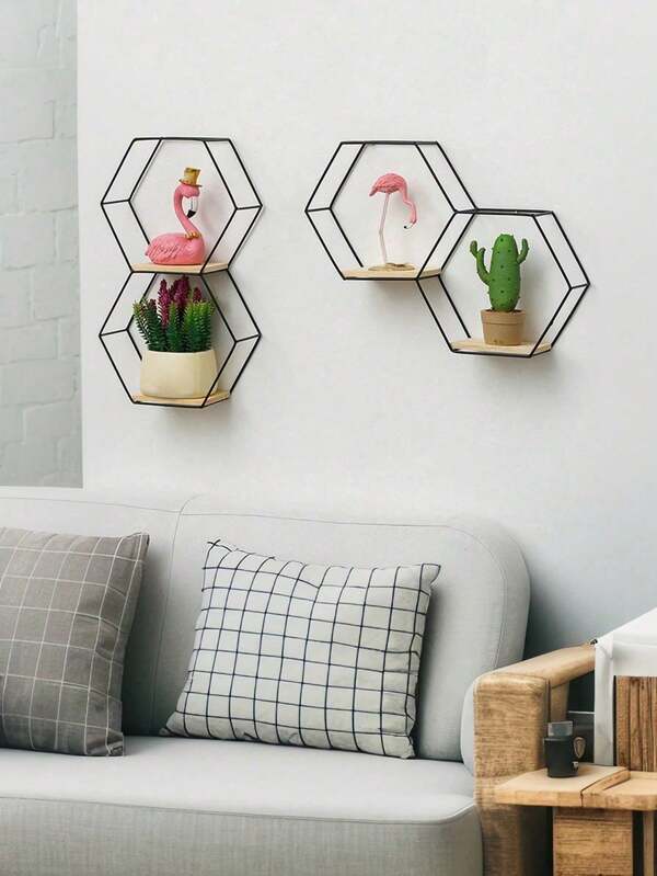 1 pieza Estantería de pared colgante de hierro creativa, estantería de almacenamiento para decoración de pared de dormitorio y sala de estar, organizador de pared para el hogar sin necesidad de taladrar, para figuritas, plantas y varios