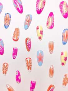 24pcs/Set French Almond Shaped Colorful Dopamine Style 3D Lemon Spots Gold Beads Embellishment Press-On False Nails Nail Art Supplies, Including 1 Jelly Glue And 1 Nail File, Perfect For Women And Girls On Holiday, Date And Daily Wear - Multicolor - View 3