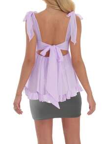 Womenacute;S Square Neck Tank Tops Backless Sleeveless Solid Color/Flower Print Ruffle Hem Tie Up Camisoles - Violet Purple - View 3