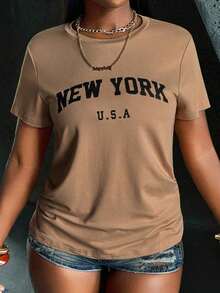 2026 Women's ClothesWomen's Simple Printed Round Neck Short Sleeve Basic T-Shirt Graphic Tees Women TopsLoose And Comfortablesummer Shirts - 摩卡棕 - 查看 1