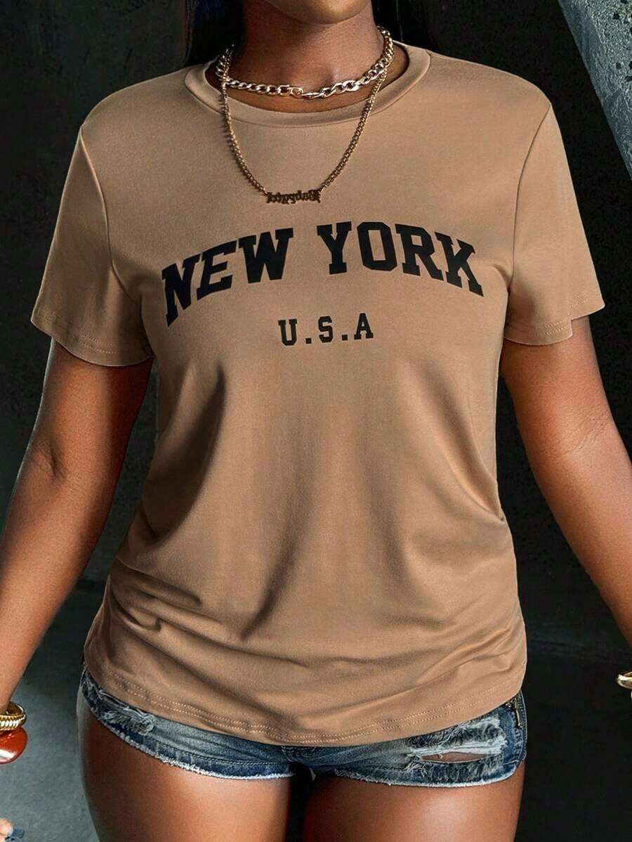 2026 Women's ClothesWomen's Simple Printed Round Neck Short Sleeve Basic T-Shirt Graphic Tees Women TopsLoose And Comfortablesummer Shirts - 摩卡棕 - 查看 1