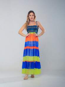 KIARA BRAZIL Color Block Maxi Dress With Spaghetti Straps And Flowy Layered Skirt Boho Chic Vibrant Summer Look #309-49.2# - 橘色 - 查看 2