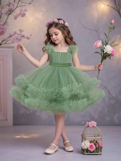 Young Girls' Thick Strap Faux Pearl Embroidered Tulle Elegant Flower Girl Dress, Suitable For Birthday Party, Vacation, Excludes Headband