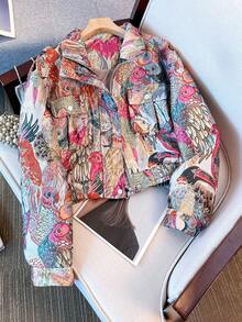 Embroidered Jacquard Motorcycle Jacket, Streetwear Vibe With Front Zipper Pockets - Red - View 3