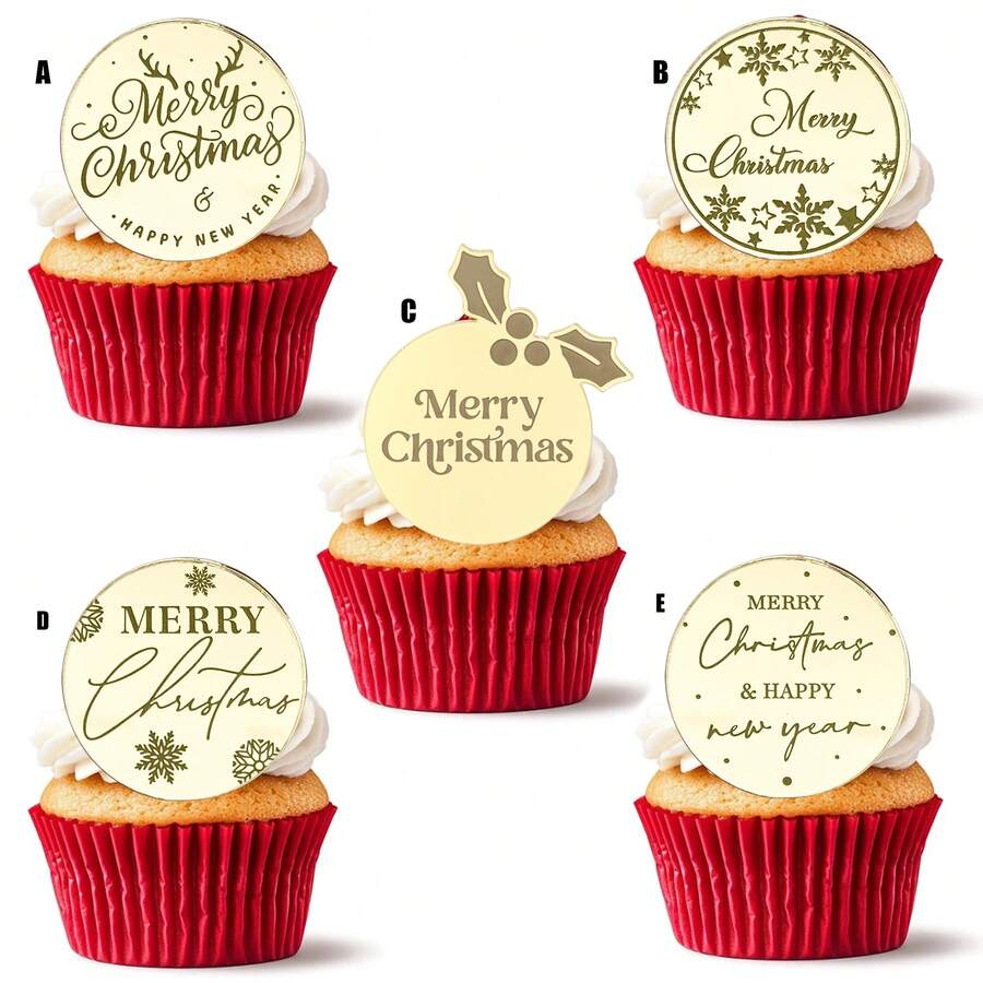 5/10/20 Peças Toppers Acrílicos Dourados para Cupcake de Natal para Decoração de Bolo de Festa de Natal - Multicolorido - Visão 1