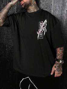 Camisa de manga corta de estilo urbano y moderno 2026, de corte holgado y cuello redondo, con estampado gráfico de espada y cereza para hombre, color negro. - A - Ver 9
