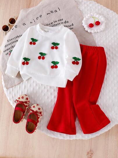 2 件套女婴樱桃刺绣圆领长袖运动衫上衣和纯色喇叭裤套装
