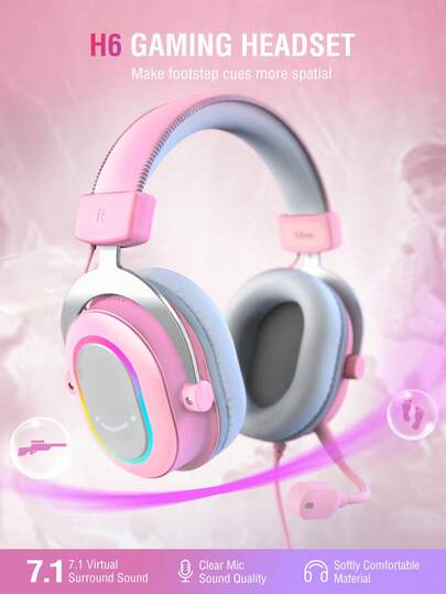  Auriculares para juegos de PC AmpliGame, auriculares con cable USB con micrófono, sonido envolvente 7.1, control en línea, auriculares para computadora RGB over-ear para transmisión/voz de juego/video-FIFINE H6 Rosa