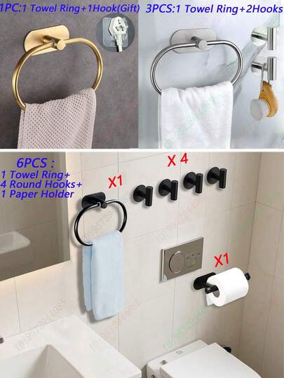Baofeng 1/3/6 piezas Toallero de baño, Toallero adhesivo, Toallero de acero inoxidable, Anillo para toallas, Barra para toallas, Soporte para toallas, Toallero montado en la pared, Barra para toallas de baño, Anillo para toallas de mano, Toallero, Accesorios de baño, Almacenamiento de baño, Soporte para paños de cocina sin taladro en negro mate, Estante colgante para paños, Estante organizador de baño, Accesorios de ferretería, Plata/Oro, Resistente al agua, Decoración de baño, Almacenamiento de cocina, Suministros de baño