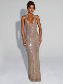 Deep V-Neck Bodycon Dress, High Waist Shiny Party Clubwear, Sexy Slit Fitted Dress For Women, Summer - Gold - View 1