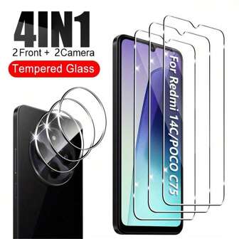 4 pièces Set pour Xiaomi Redmi 14C, 2 protecteurs d'écran en verre trempé + 2 protecteurs d'objectif de caméra, film de protection en verre trempé anti-rayures pour 14T/14T PRO/14/13T/13C/13T Pro Film de protection pour caméra