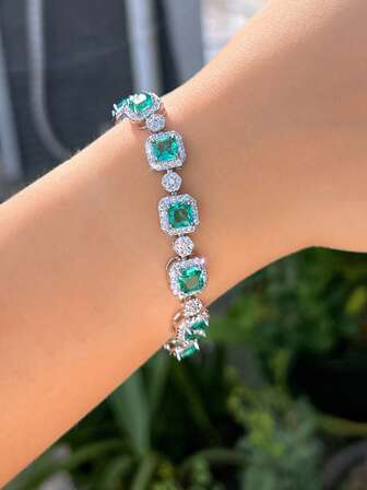 1pc New Silver Plated Green Square Cubic Zirconia Tennis Bracelet Women CZ Crystal Bridal Jewelry For Brides Bridesmaids Wedding Engagement Banquet Party Prom Costume Jewelry Accessories For Ladies Girlfriends Wife Mother Christmas Gift