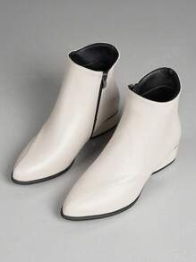 1 Pair Teens/Women's Beige Pointed Toe Ankle Boots, Chunky Heel, Side Zipper, Minimalist & Comfortable, Versatile Fashion Boots For Students & Party