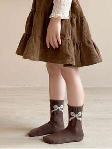 5双装儿童柔软保暖蜜瓜色蝴蝶结花边弹力中筒袜，春夏款 - 彩色 - 查看 4