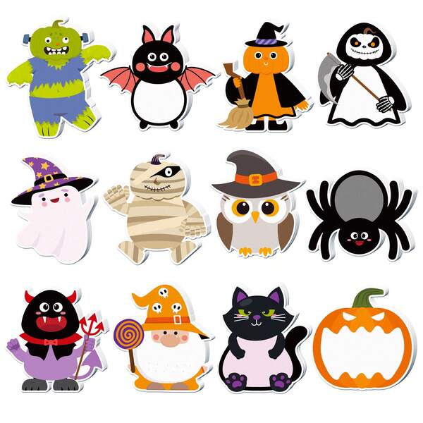1 Book/12pcs Set, 20 Sheets Per Set, Cute Halloween Character Sticky Notes | Adorable Bat/Owl Self-Adhesive Memo, Suitable For Diary Decoration, Office Notes And Party Decor