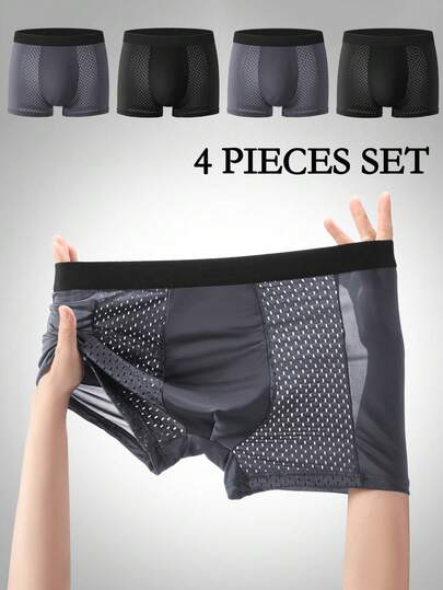 4pcs Men's Ice Silk Underwear, Mesh Lightweight Breathable Sports Boxer Briefs, Comfortable Thin Cool Trunks, Plus Size Shorts Underwear, Suitable For Daily Wear, Sleepwear, Men's Gift, Christmas Gift, Christmas Eve Gift, Creative Gifts For Boyfriend, Valentine's Day Gifts