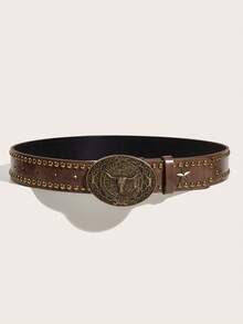 1pc Women's New Black Bull Street PU (Polyurethane) Waist Belt, Handmade Embossed PU Outerwear Dress, Versatile Western Style Suitable For Daily Use - Brown - View 2